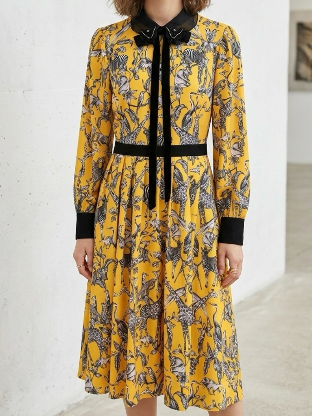 THE MOON Yellow Animal Safari Print Midi Dress Beaded Butterfly Collar Medium